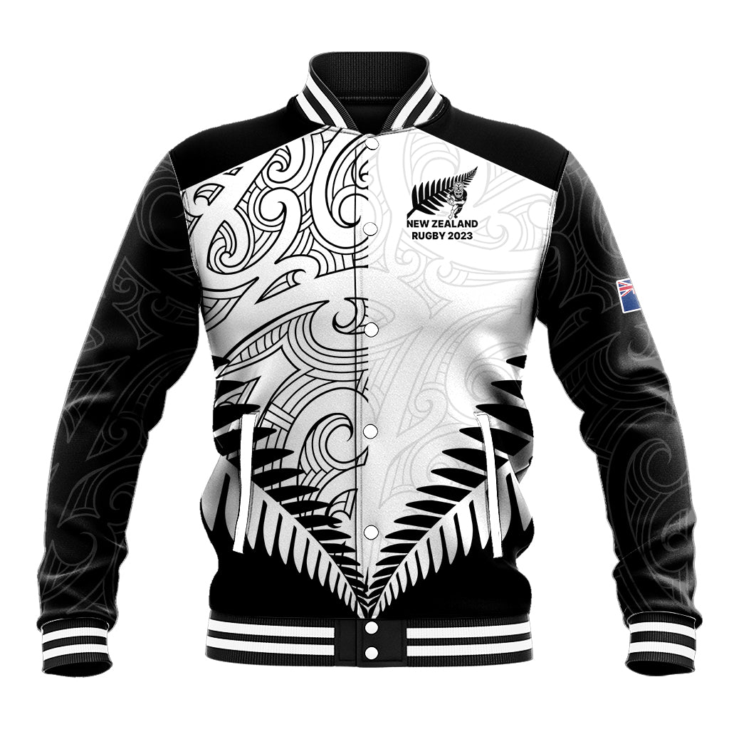 New Zealand Rugby Baseball Jacket Proud Aoteroa Stylised Maori Koru LT9 Unisex Black - Polynesian Pride