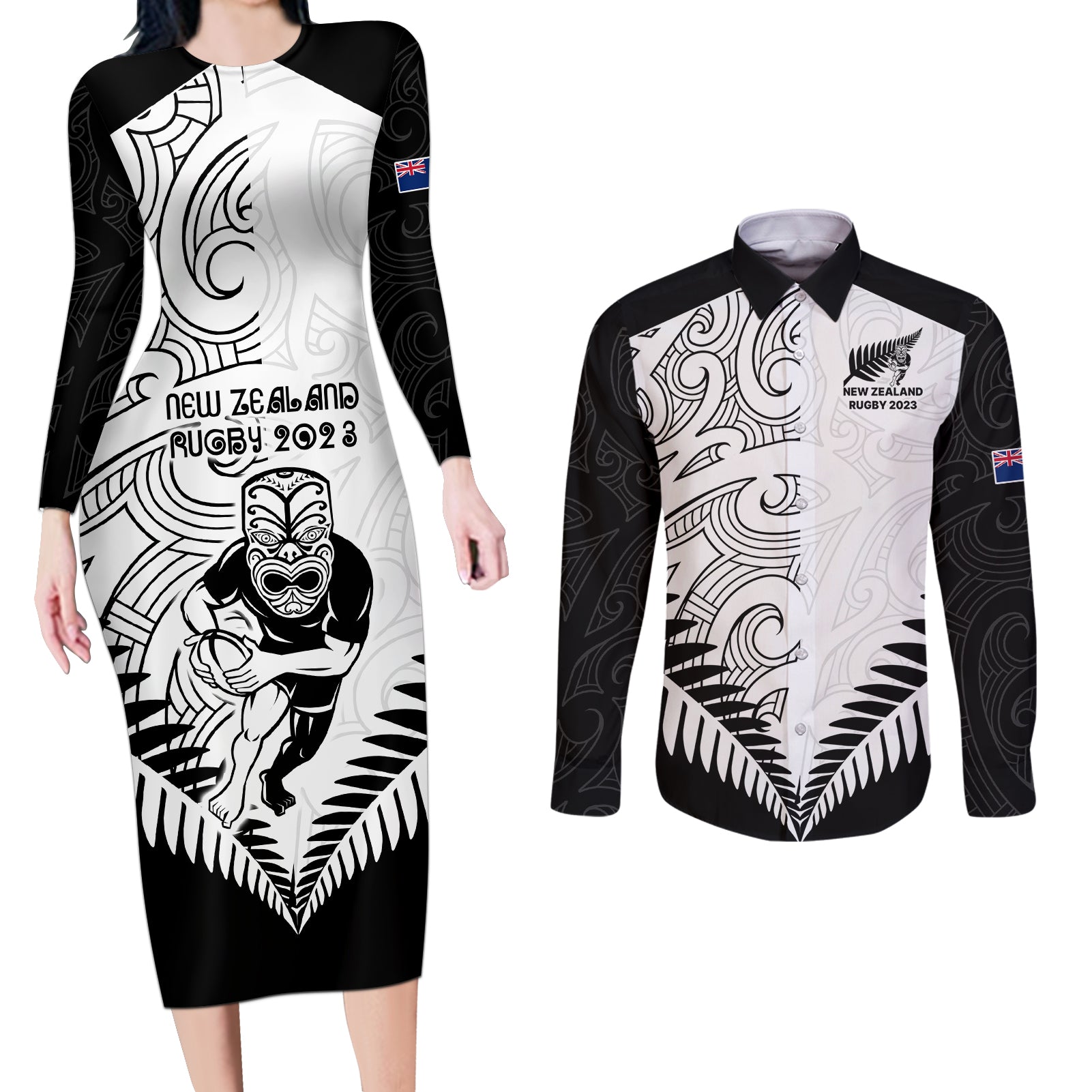 New Zealand Rugby Couples Matching Long Sleeve Bodycon Dress and Long Sleeve Button Shirts Proud Aoteroa Stylised Maori Koru LT9 Black - Polynesian Pride