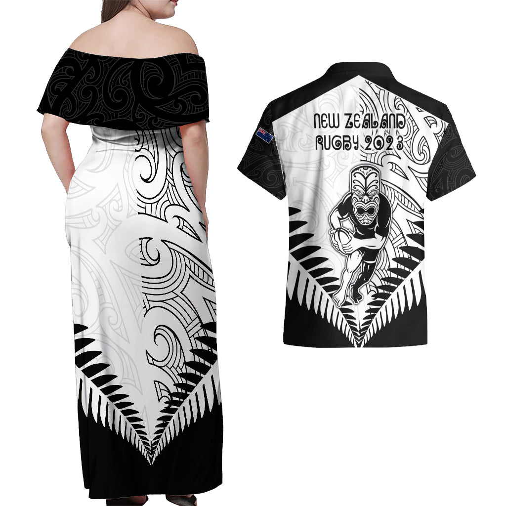 New Zealand Rugby Couples Matching Off Shoulder Maxi Dress and Hawaiian Shirt Proud Aoteroa Stylised Maori Koru LT9 - Polynesian Pride