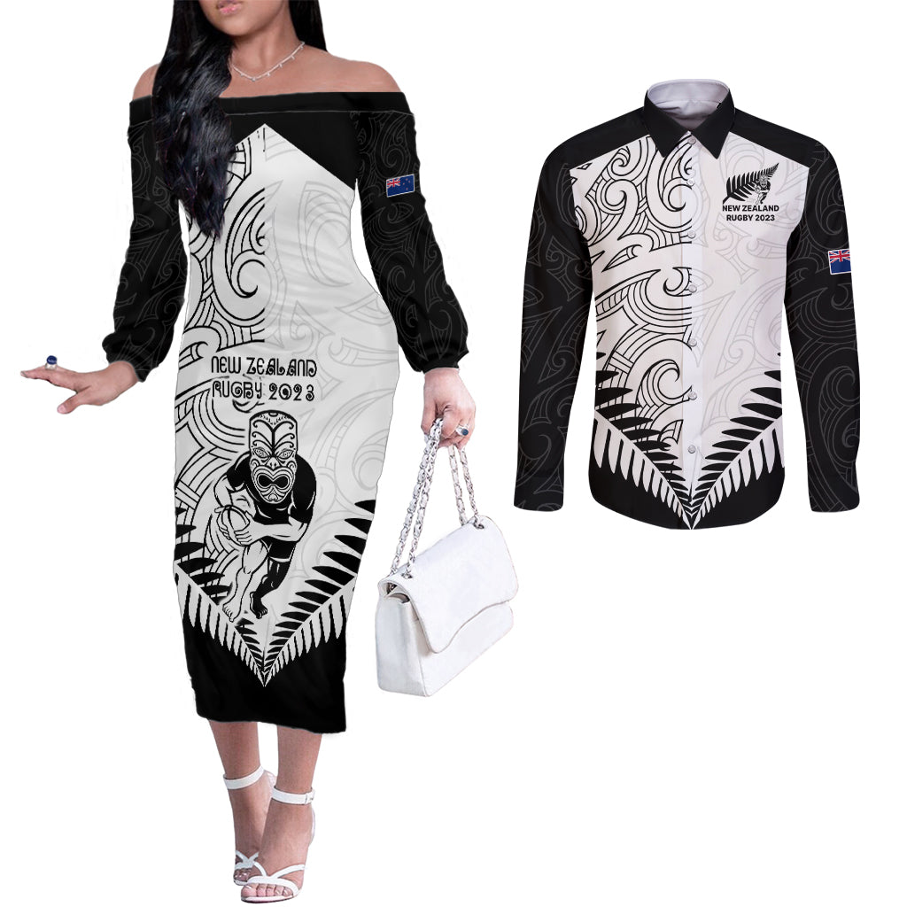 New Zealand Rugby Couples Matching Off The Shoulder Long Sleeve Dress and Long Sleeve Button Shirts Proud Aoteroa Stylised Maori Koru LT9 Black - Polynesian Pride