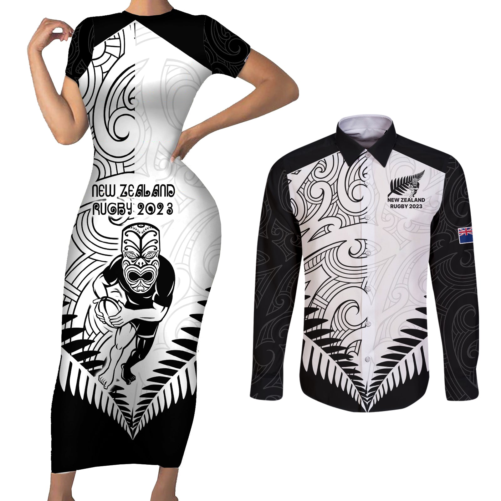 New Zealand Rugby Couples Matching Short Sleeve Bodycon Dress and Long Sleeve Button Shirts Proud Aoteroa Stylised Maori Koru LT9 Black - Polynesian Pride