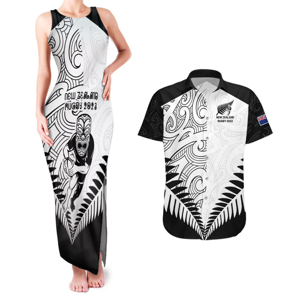 New Zealand Rugby Couples Matching Tank Maxi Dress and Hawaiian Shirt Proud Aoteroa Stylised Maori Koru LT9 Black - Polynesian Pride