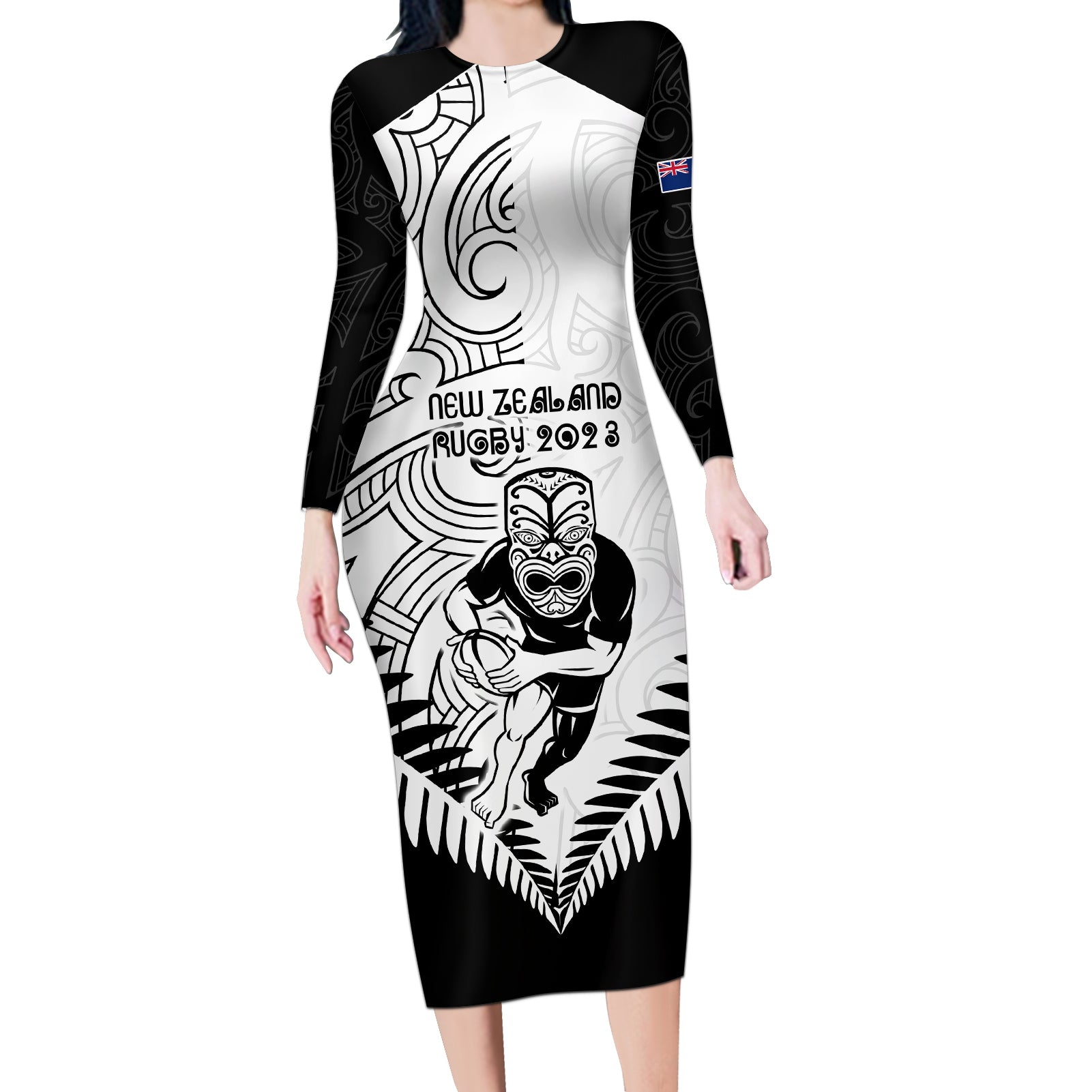 New Zealand Rugby Long Sleeve Bodycon Dress Proud Aoteroa Stylised Maori Koru LT9 Long Dress Black - Polynesian Pride