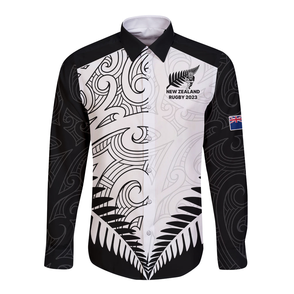 New Zealand Rugby Long Sleeve Button Shirt Proud Aoteroa Stylised Maori Koru LT9 Unisex Black - Polynesian Pride