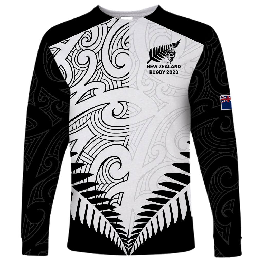 New Zealand Rugby Long Sleeve Shirt Proud Aoteroa Stylised Maori Koru LT9 Unisex Black - Polynesian Pride