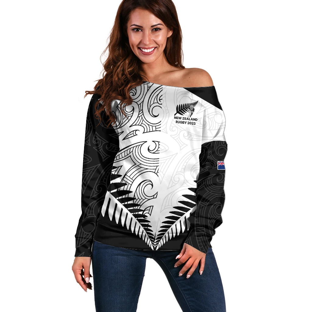 New Zealand Rugby Off Shoulder Sweater Proud Aoteroa Stylised Maori Koru LT9 Women Black - Polynesian Pride