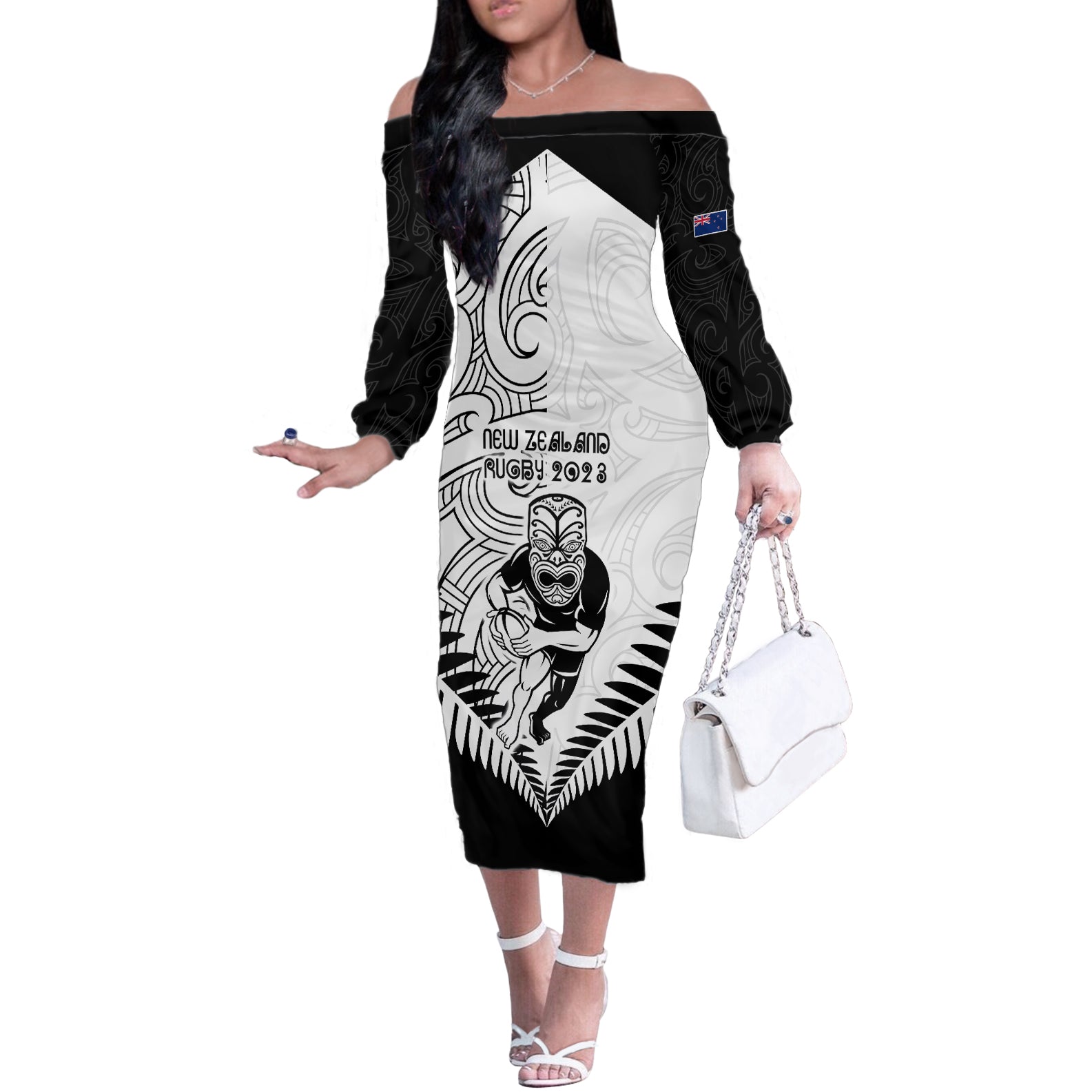 New Zealand Rugby Off The Shoulder Long Sleeve Dress Proud Aoteroa Stylised Maori Koru LT9 Women Black - Polynesian Pride