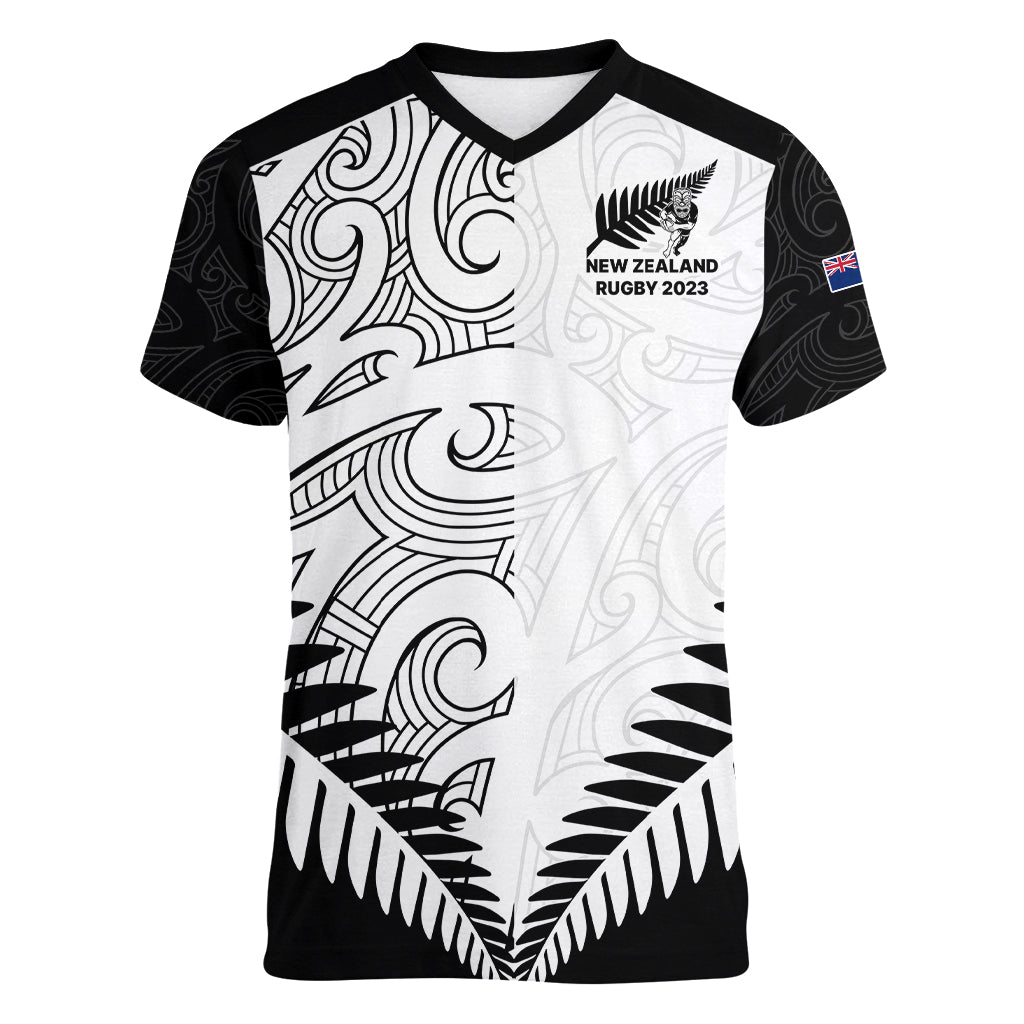 New Zealand Rugby Women V Neck T Shirt Proud Aoteroa Stylised Maori Koru LT9 Female Black - Polynesian Pride