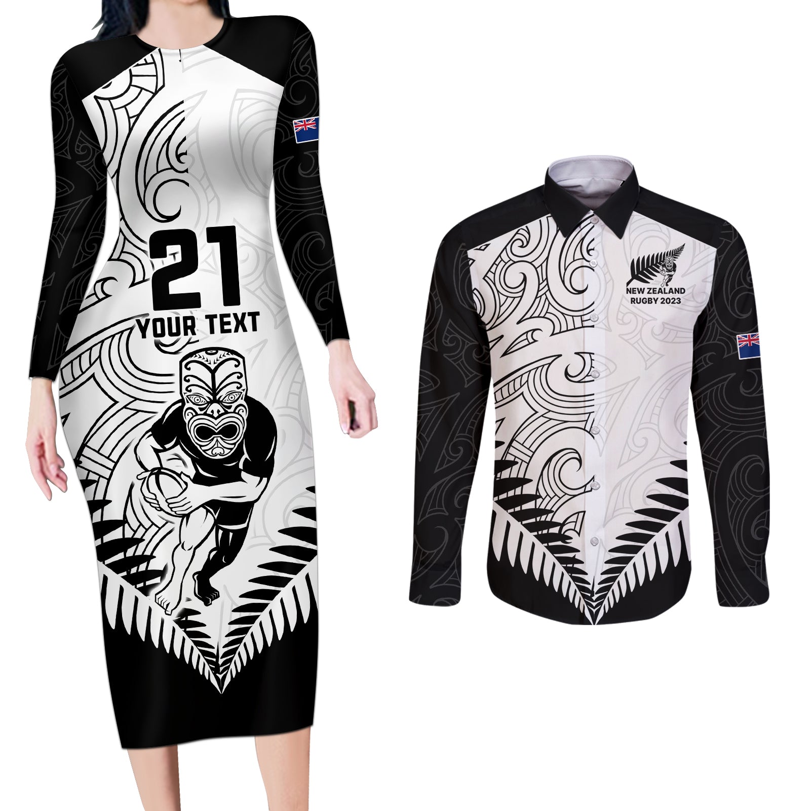 Custom New Zealand Rugby Couples Matching Long Sleeve Bodycon Dress and Long Sleeve Button Shirts Proud Aoteroa Stylised Maori Koru LT9 Black - Polynesian Pride