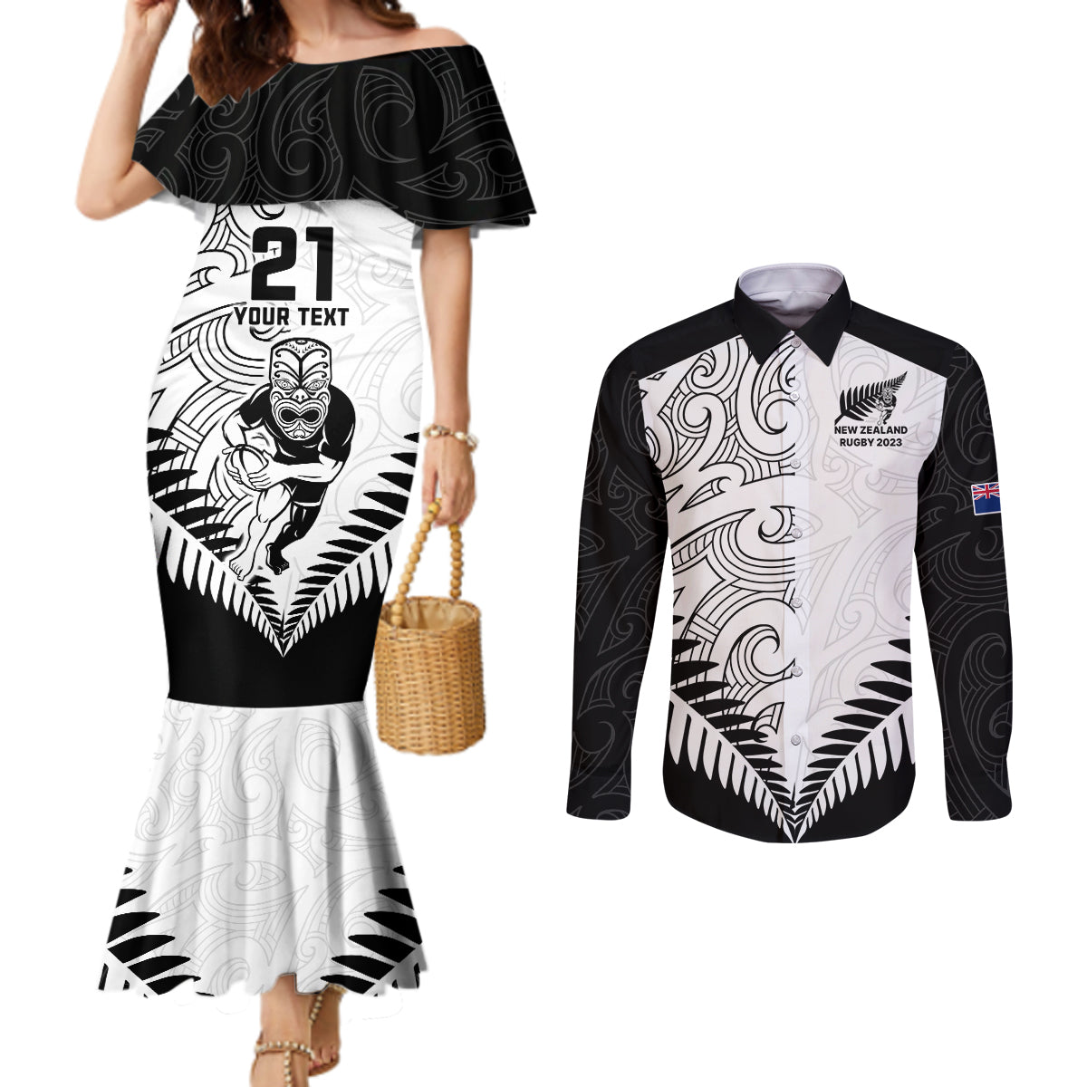 Custom New Zealand Rugby Couples Matching Mermaid Dress and Long Sleeve Button Shirts Proud Aoteroa Stylised Maori Koru LT9 Black - Polynesian Pride