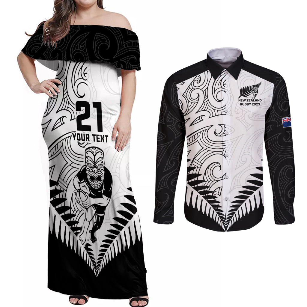 Custom New Zealand Rugby Couples Matching Off Shoulder Maxi Dress and Long Sleeve Button Shirts Proud Aoteroa Stylised Maori Koru LT9 Black - Polynesian Pride