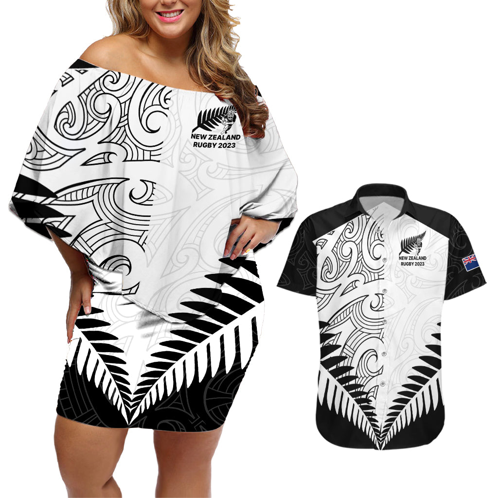 Custom New Zealand Rugby Couples Matching Off Shoulder Short Dress and Hawaiian Shirt Proud Aoteroa Stylised Maori Koru LT9 Black - Polynesian Pride