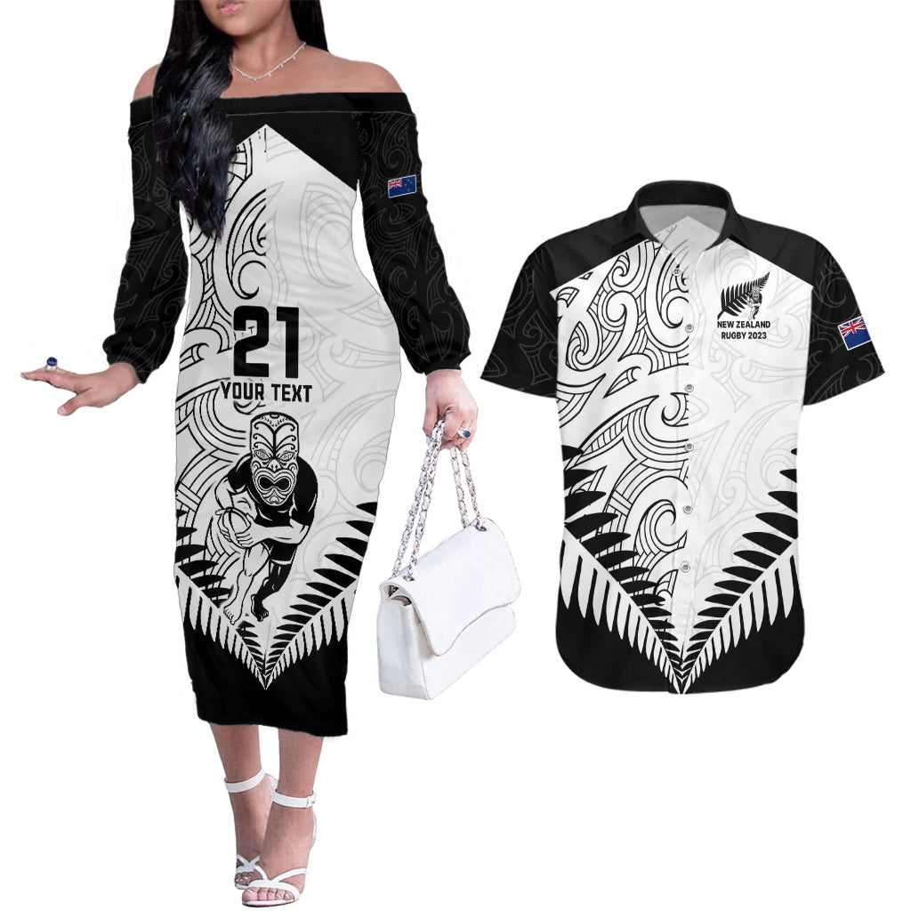 Custom New Zealand Rugby Couples Matching Off The Shoulder Long Sleeve Dress and Hawaiian Shirt Proud Aoteroa Stylised Maori Koru LT9 Black - Polynesian Pride