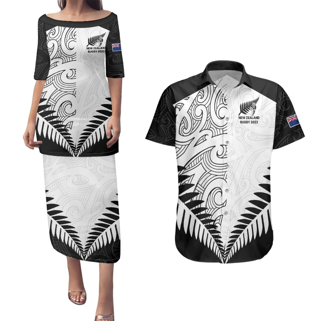 Custom New Zealand Rugby Couples Matching Puletasi Dress and Hawaiian Shirt Proud Aoteroa Stylised Maori Koru LT9 Black - Polynesian Pride