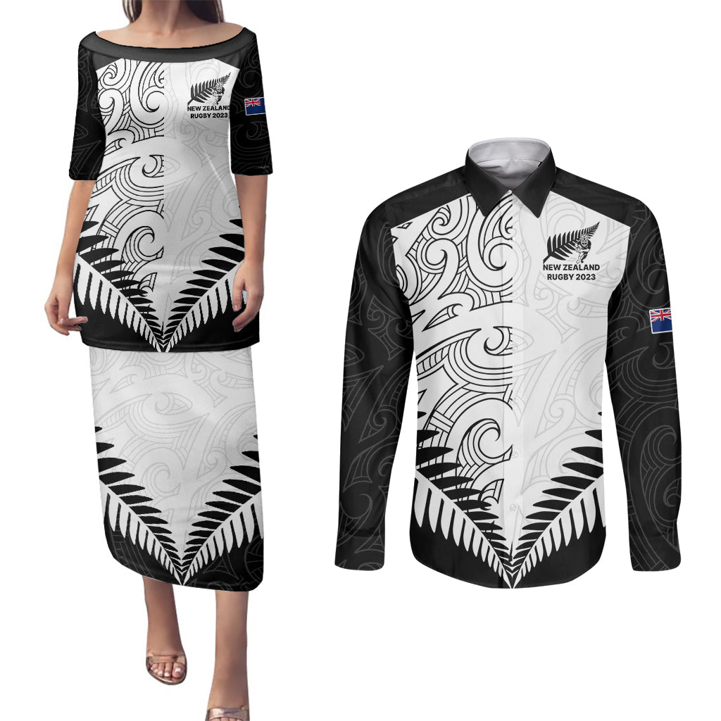 Custom New Zealand Rugby Couples Matching Puletasi Dress and Long Sleeve Button Shirts Proud Aoteroa Stylised Maori Koru LT9 Black - Polynesian Pride