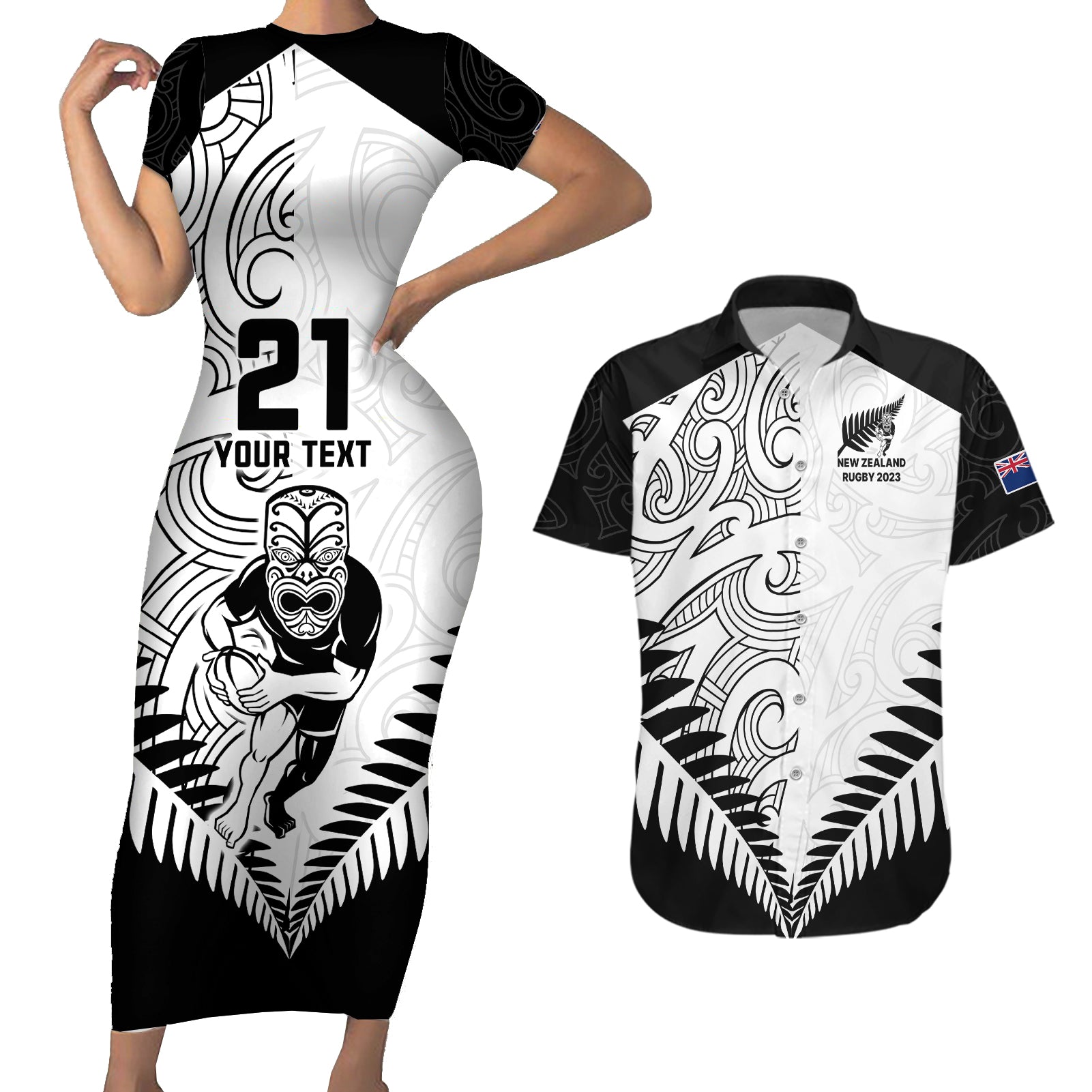 Custom New Zealand Rugby Couples Matching Short Sleeve Bodycon Dress and Hawaiian Shirt Proud Aoteroa Stylised Maori Koru LT9 Black - Polynesian Pride