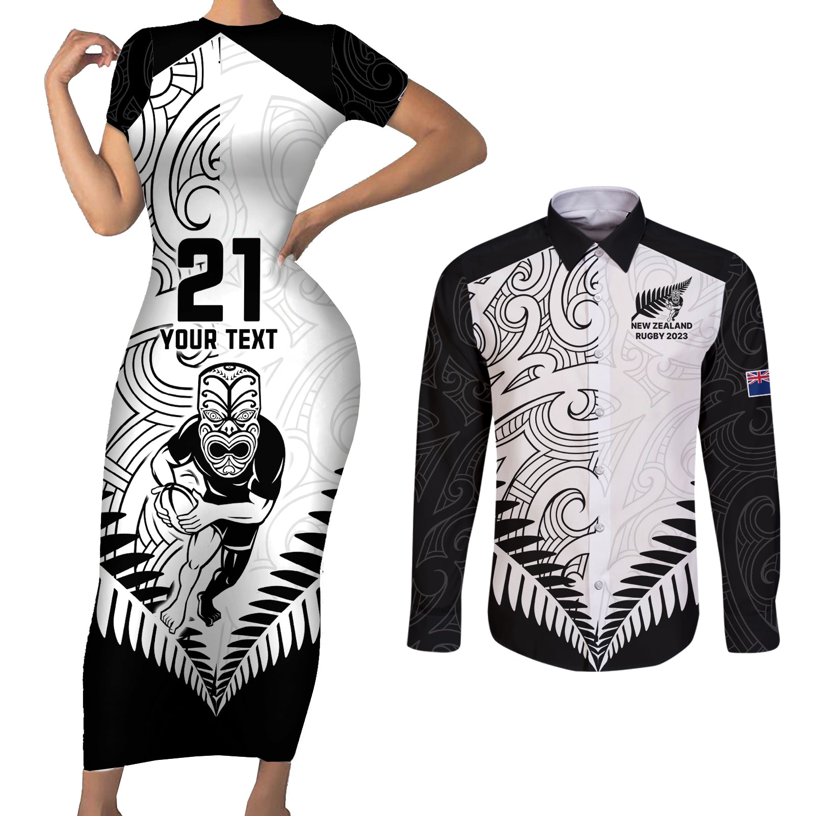 Custom New Zealand Rugby Couples Matching Short Sleeve Bodycon Dress and Long Sleeve Button Shirts Proud Aoteroa Stylised Maori Koru LT9 Black - Polynesian Pride