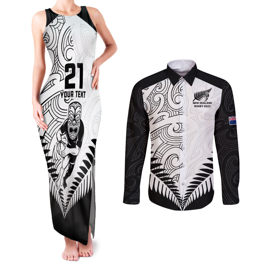 Custom New Zealand Rugby Couples Matching Tank Maxi Dress and Long Sleeve Button Shirts Proud Aoteroa Stylised Maori Koru LT9 Black - Polynesian Pride