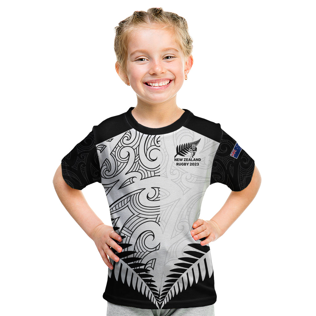 Custom New Zealand Rugby Kid T Shirt Proud Aoteroa Stylised Maori Koru LT9 Black - Polynesian Pride