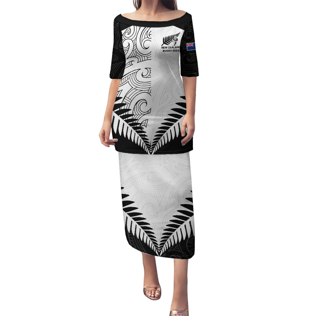 Custom New Zealand Rugby Puletasi Proud Aoteroa Stylised Maori Koru LT9 Long Dress Black - Polynesian Pride