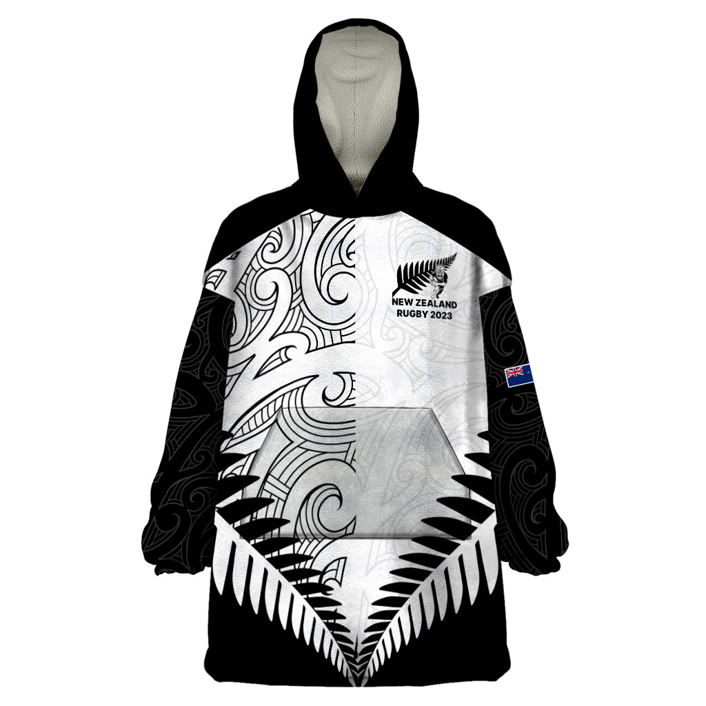 Custom New Zealand Rugby Wearable Blanket Hoodie Proud Aoteroa Stylised Maori Koru LT9 One Size Black - Polynesian Pride