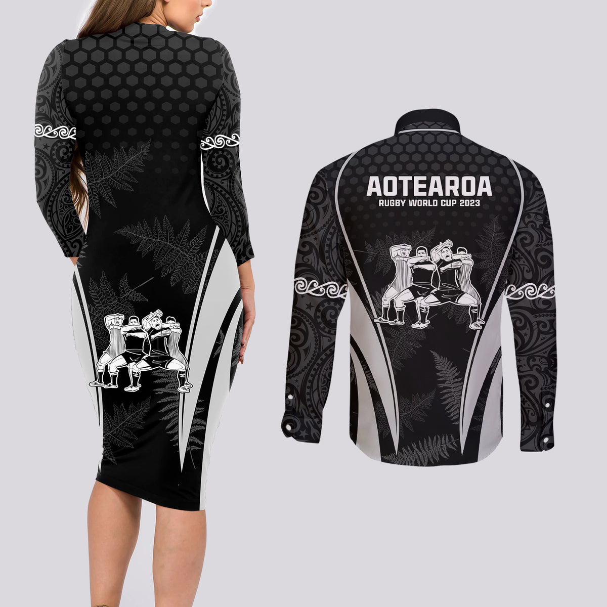 New Zealand Aotearoa Rugby Couples Matching Long Sleeve Bodycon Dress and Long Sleeve Button Shirt Haka Dance Mixed Silver Fern Sporty Style LT9 - Polynesian Pride