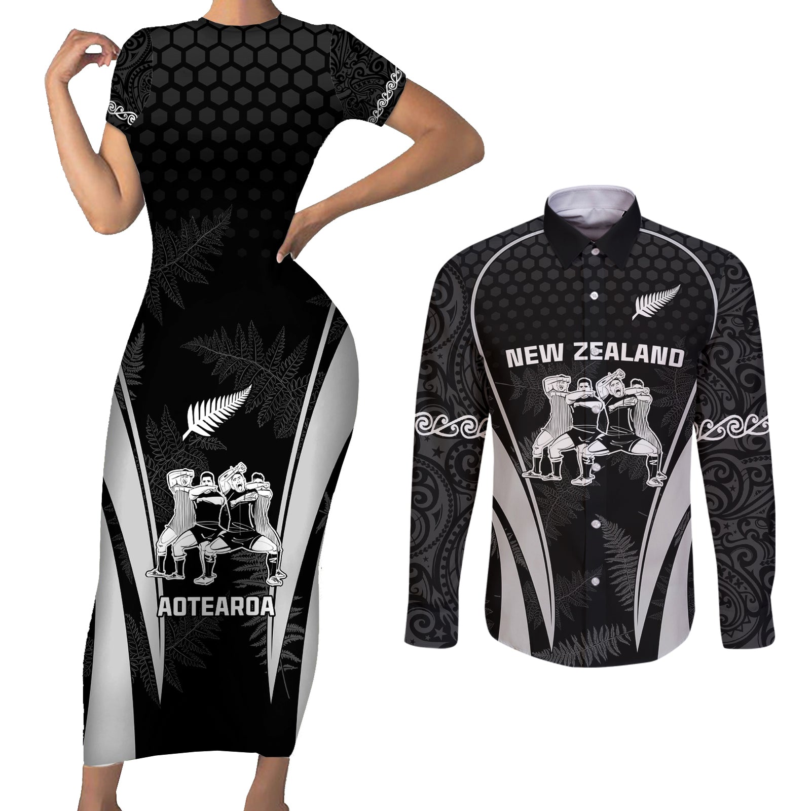 New Zealand Aotearoa Rugby Couples Matching Short Sleeve Bodycon Dress and Long Sleeve Button Shirt Haka Dance Mixed Silver Fern Sporty Style LT9 Black - Polynesian Pride