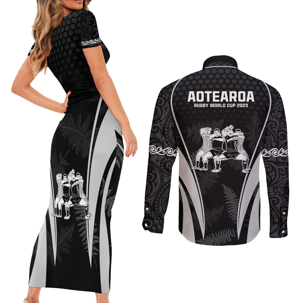 New Zealand Aotearoa Rugby Couples Matching Short Sleeve Bodycon Dress and Long Sleeve Button Shirt Haka Dance Mixed Silver Fern Sporty Style LT9 - Polynesian Pride
