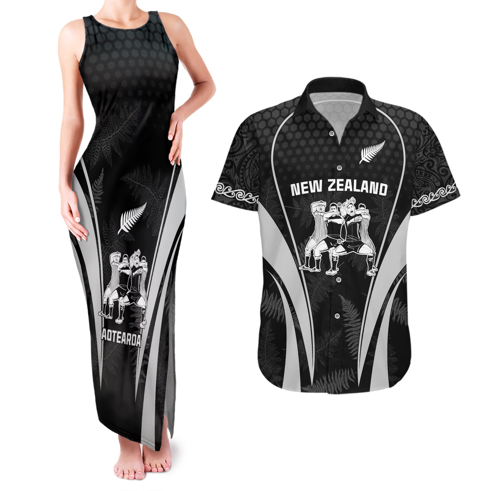 New Zealand Aotearoa Rugby Couples Matching Tank Maxi Dress and Hawaiian Shirt Haka Dance Mixed Silver Fern Sporty Style LT9 Black - Polynesian Pride