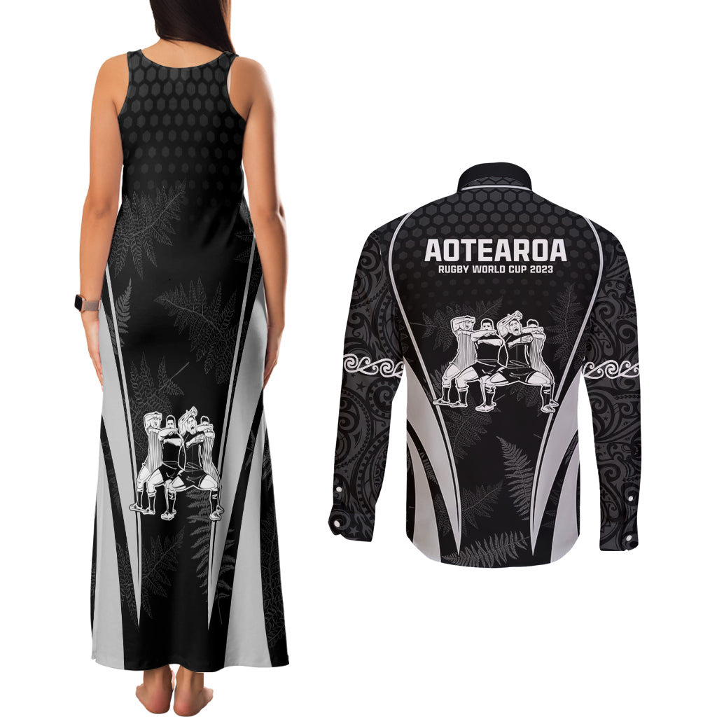New Zealand Aotearoa Rugby Couples Matching Tank Maxi Dress and Long Sleeve Button Shirt Haka Dance Mixed Silver Fern Sporty Style LT9 - Polynesian Pride
