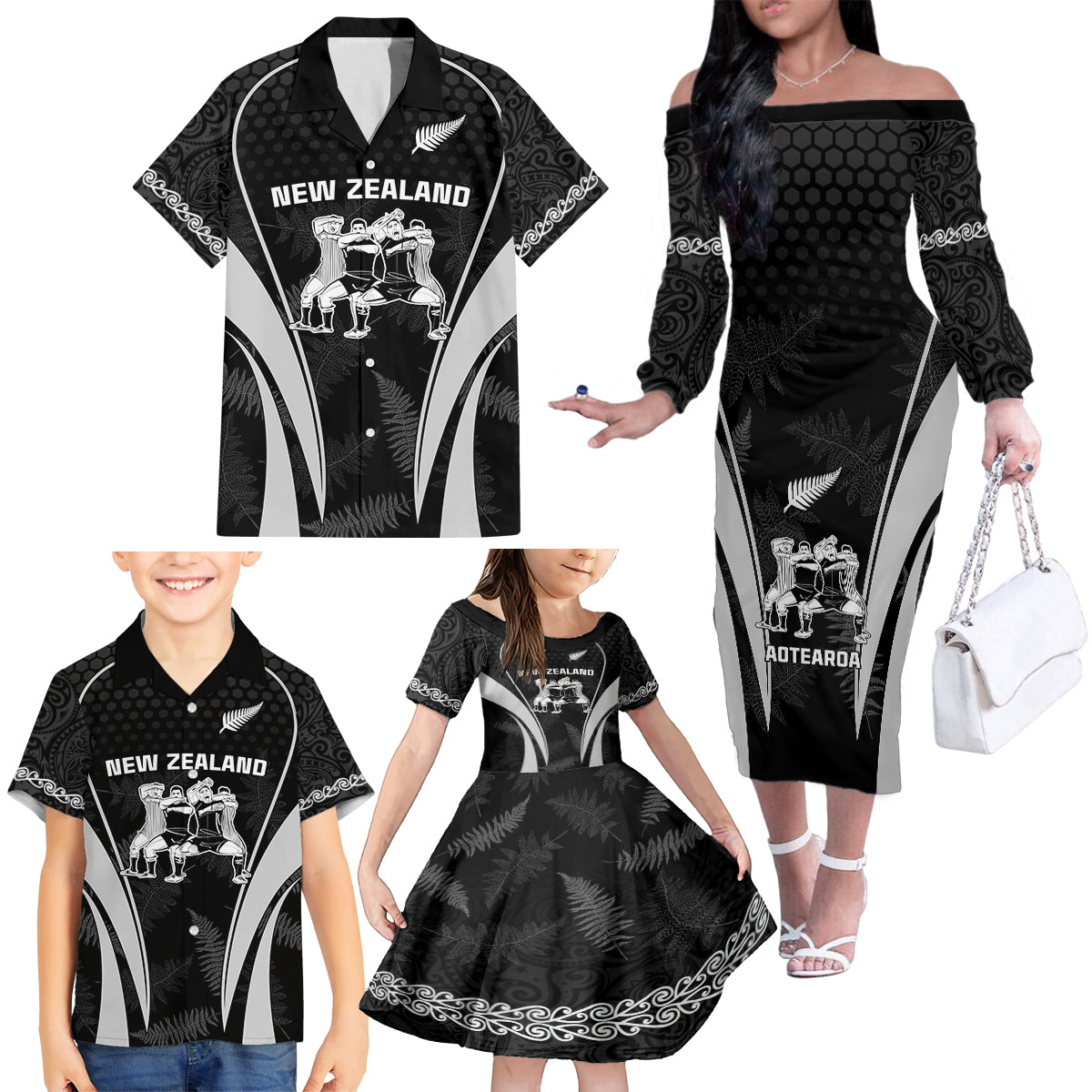 New Zealand Aotearoa Rugby Family Matching Off Shoulder Long Sleeve Dress and Hawaiian Shirt Haka Dance Mixed Silver Fern Sporty Style LT9 - Polynesian Pride