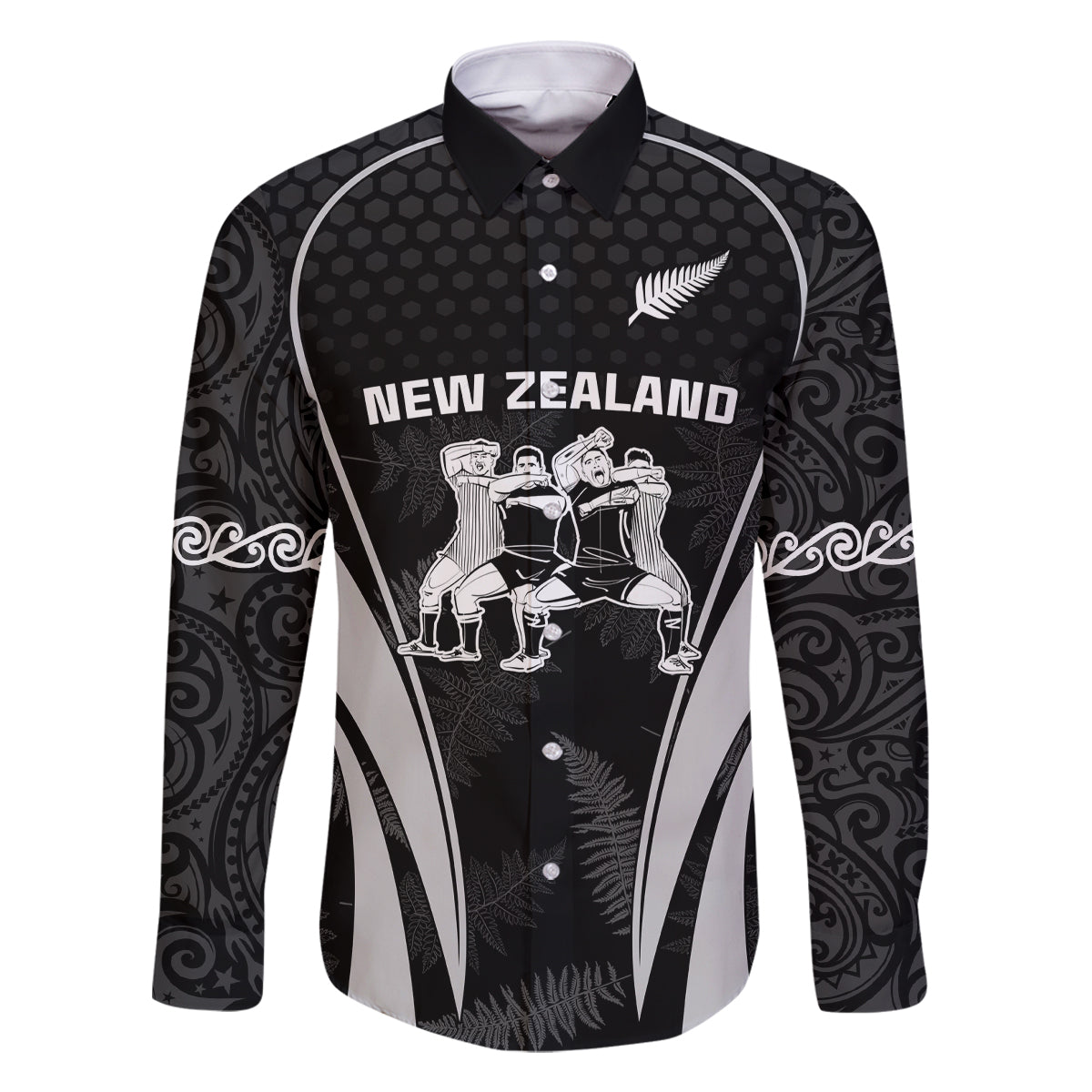 New Zealand Aotearoa Rugby Family Matching Off Shoulder Long Sleeve Dress and Hawaiian Shirt Haka Dance Mixed Silver Fern Sporty Style LT9 Dad's Shirt - Long Sleeve Black - Polynesian Pride