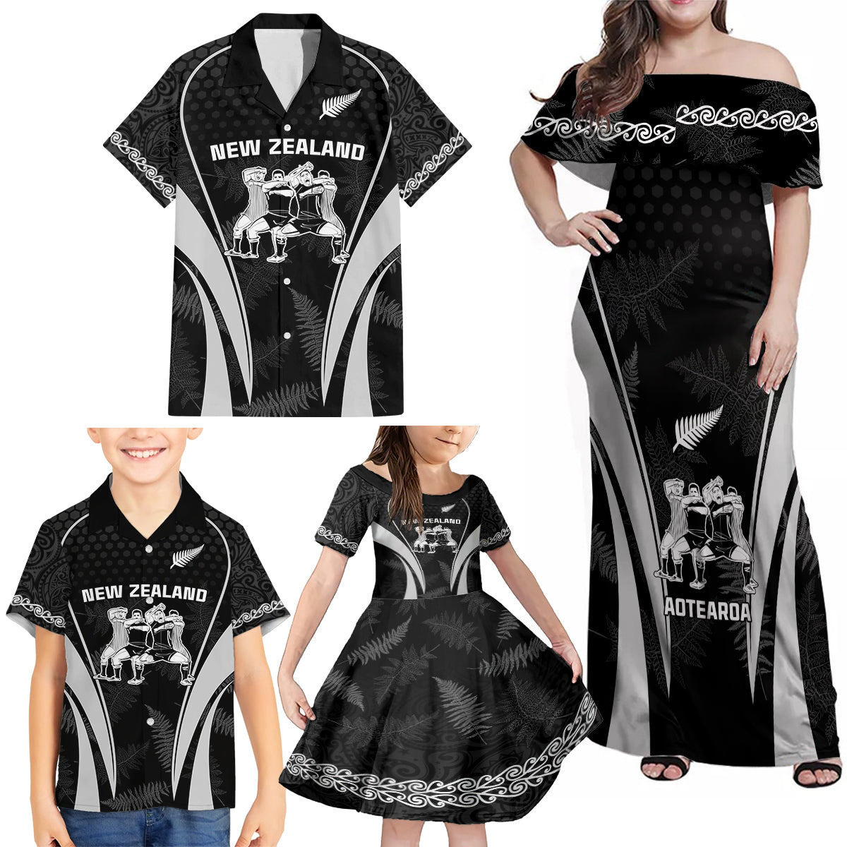 New Zealand Aotearoa Rugby Family Matching Off Shoulder Maxi Dress and Hawaiian Shirt Haka Dance Mixed Silver Fern Sporty Style LT9 - Polynesian Pride