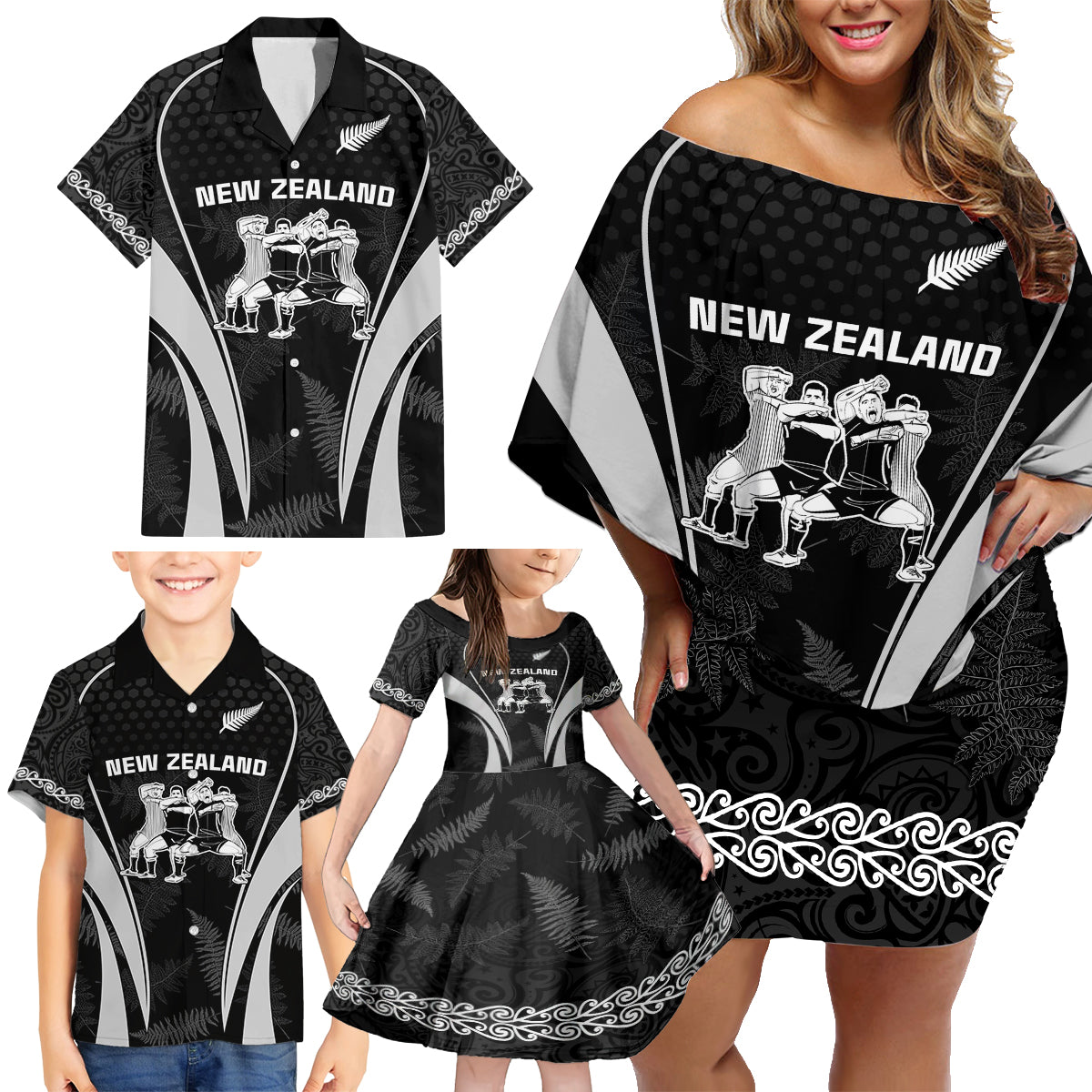 New Zealand Aotearoa Rugby Family Matching Off Shoulder Short Dress and Hawaiian Shirt Haka Dance Mixed Silver Fern Sporty Style LT9 - Polynesian Pride