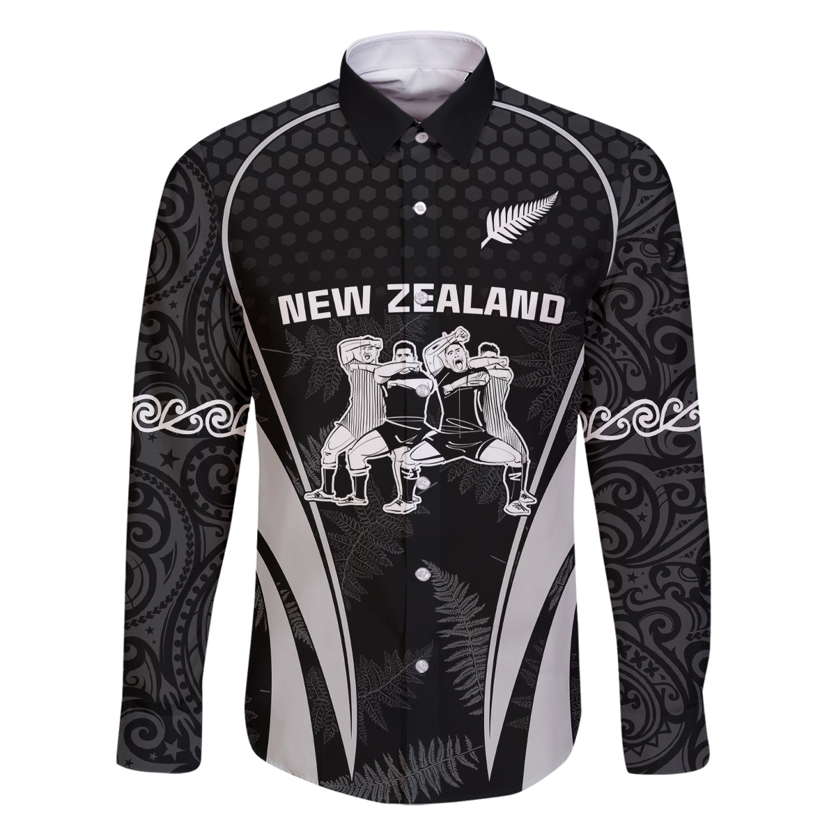 New Zealand Aotearoa Rugby Family Matching Puletasi Dress and Hawaiian Shirt Haka Dance Mixed Silver Fern Sporty Style LT9 Dad's Shirt - Long Sleeve Black - Polynesian Pride