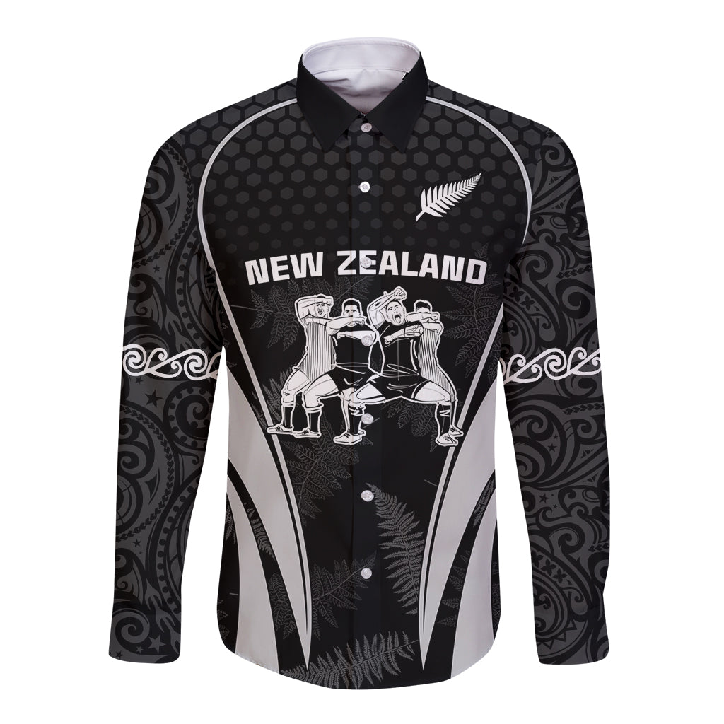 New Zealand Aotearoa Rugby Long Sleeve Button Shirt Haka Dance Mixed Silver Fern Sporty Style LT9 Unisex Black - Polynesian Pride