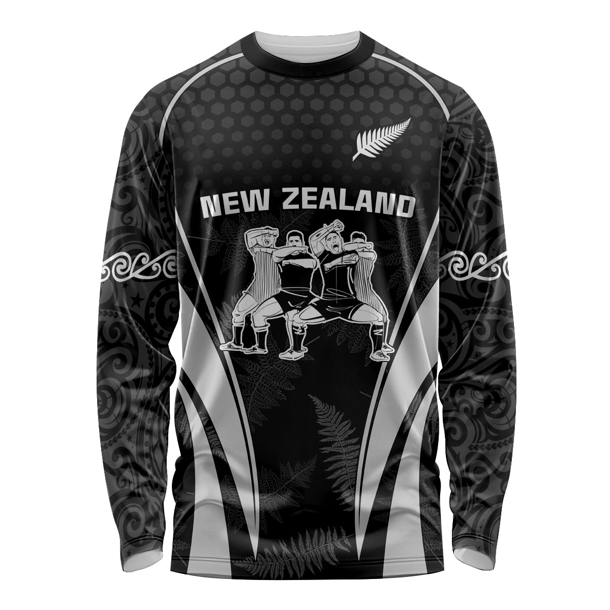 New Zealand Aotearoa Rugby Long Sleeve Shirt Haka Dance Mixed Silver Fern Sporty Style LT9 Unisex Black - Polynesian Pride