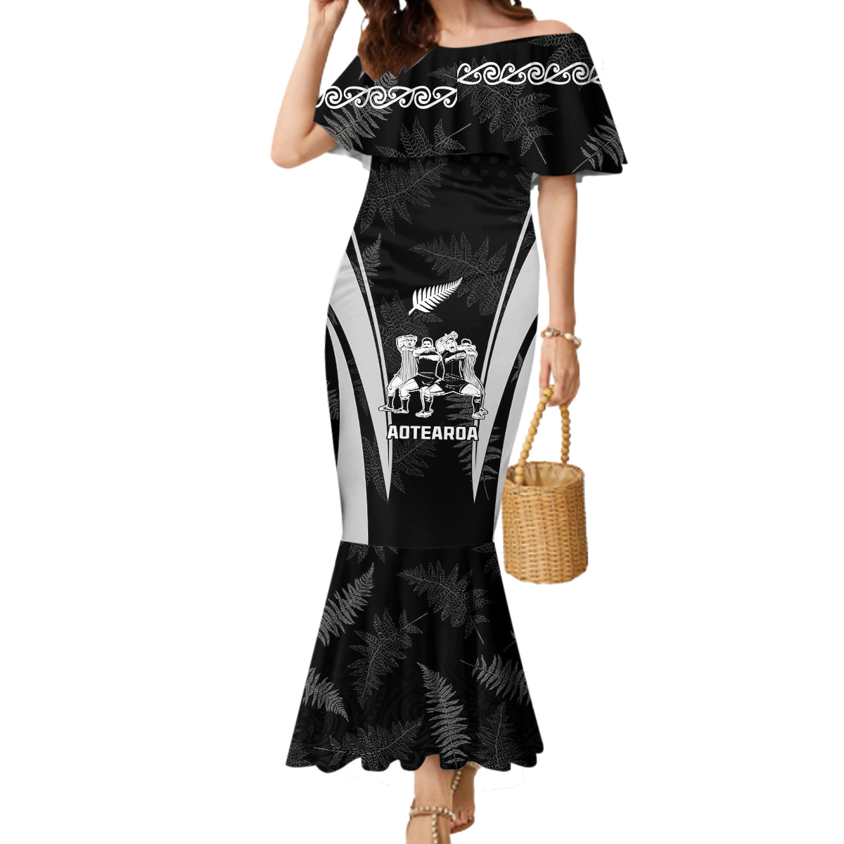 New Zealand Aotearoa Rugby Mermaid Dress Haka Dance Mixed Silver Fern Sporty Style LT9 Women Black - Polynesian Pride