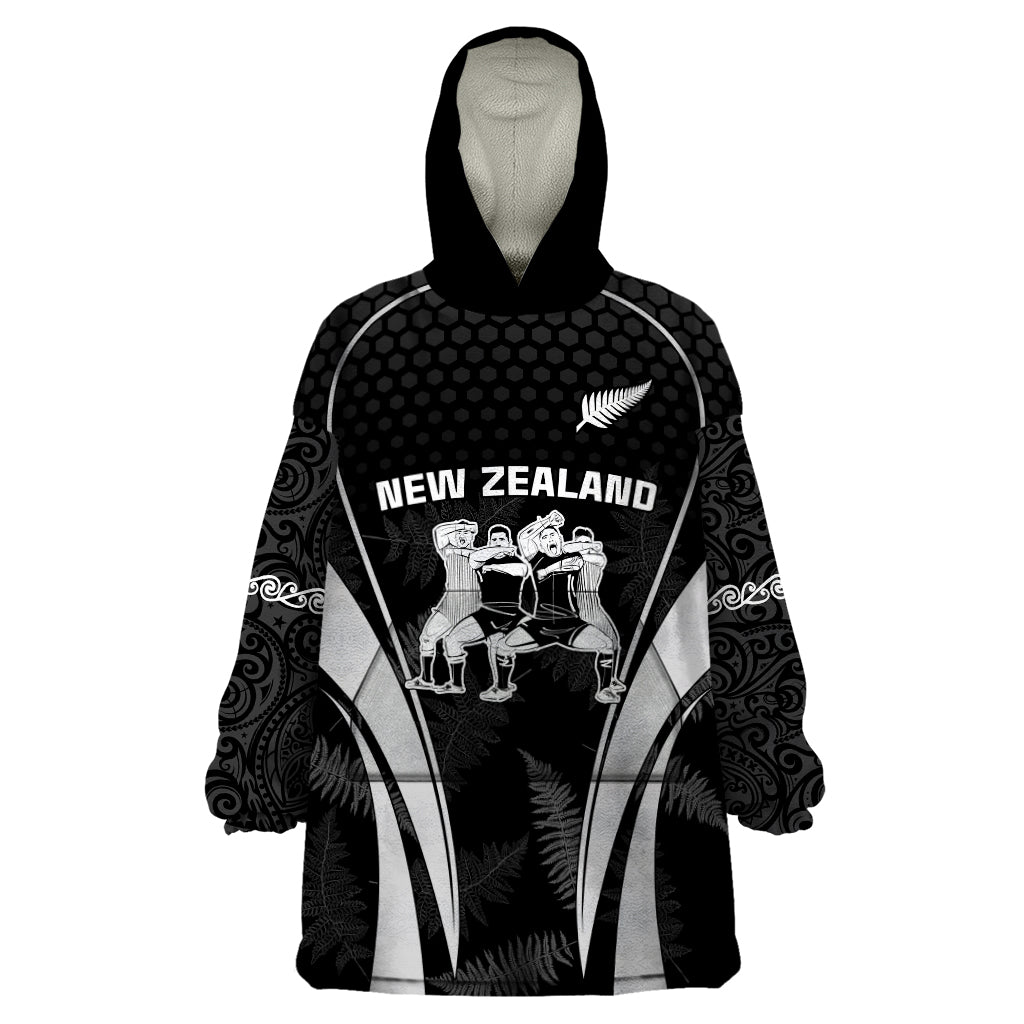 New Zealand Aotearoa Rugby Wearable Blanket Hoodie Haka Dance Mixed Silver Fern Sporty Style LT9 One Size Black - Polynesian Pride