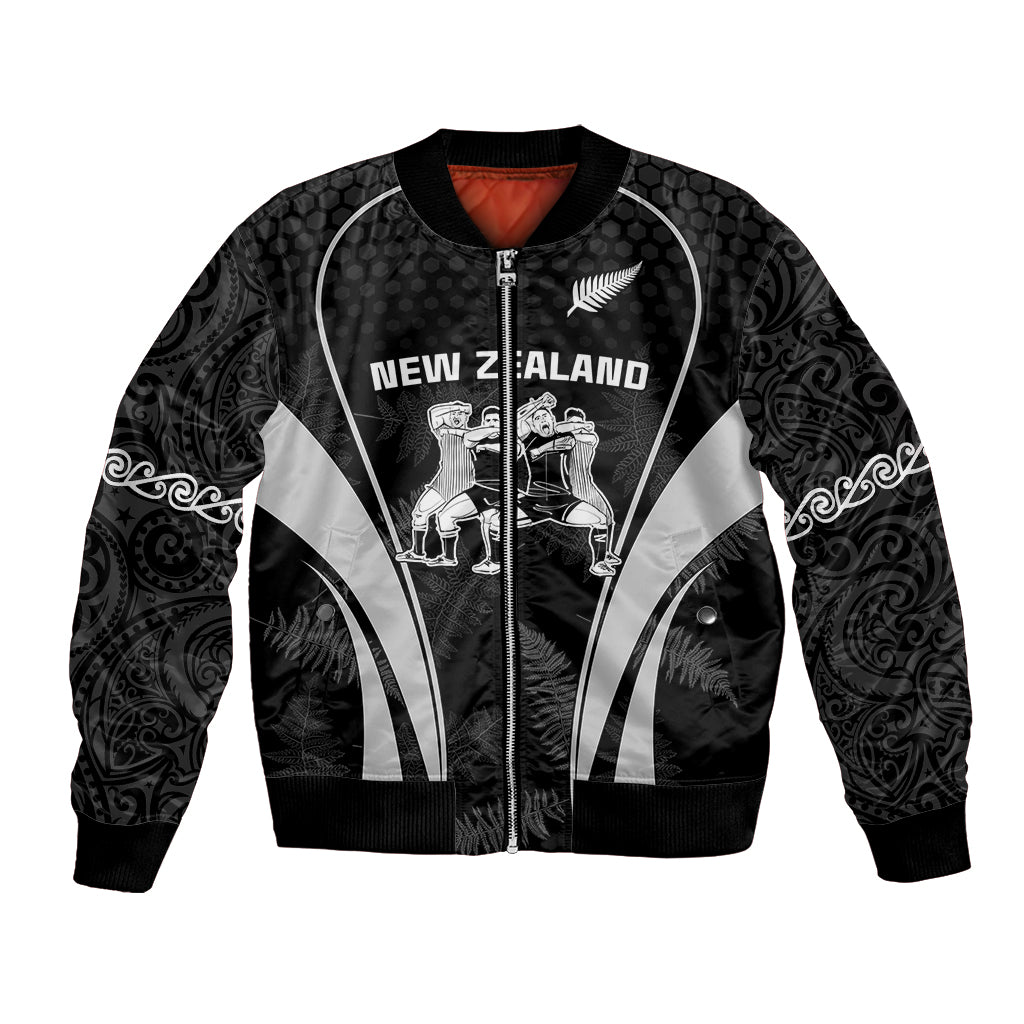 Custom New Zealand Aotearoa Rugby Bomber Jacket Haka Dance Mixed Silver Fern Sporty Style LT9 Unisex Black - Polynesian Pride