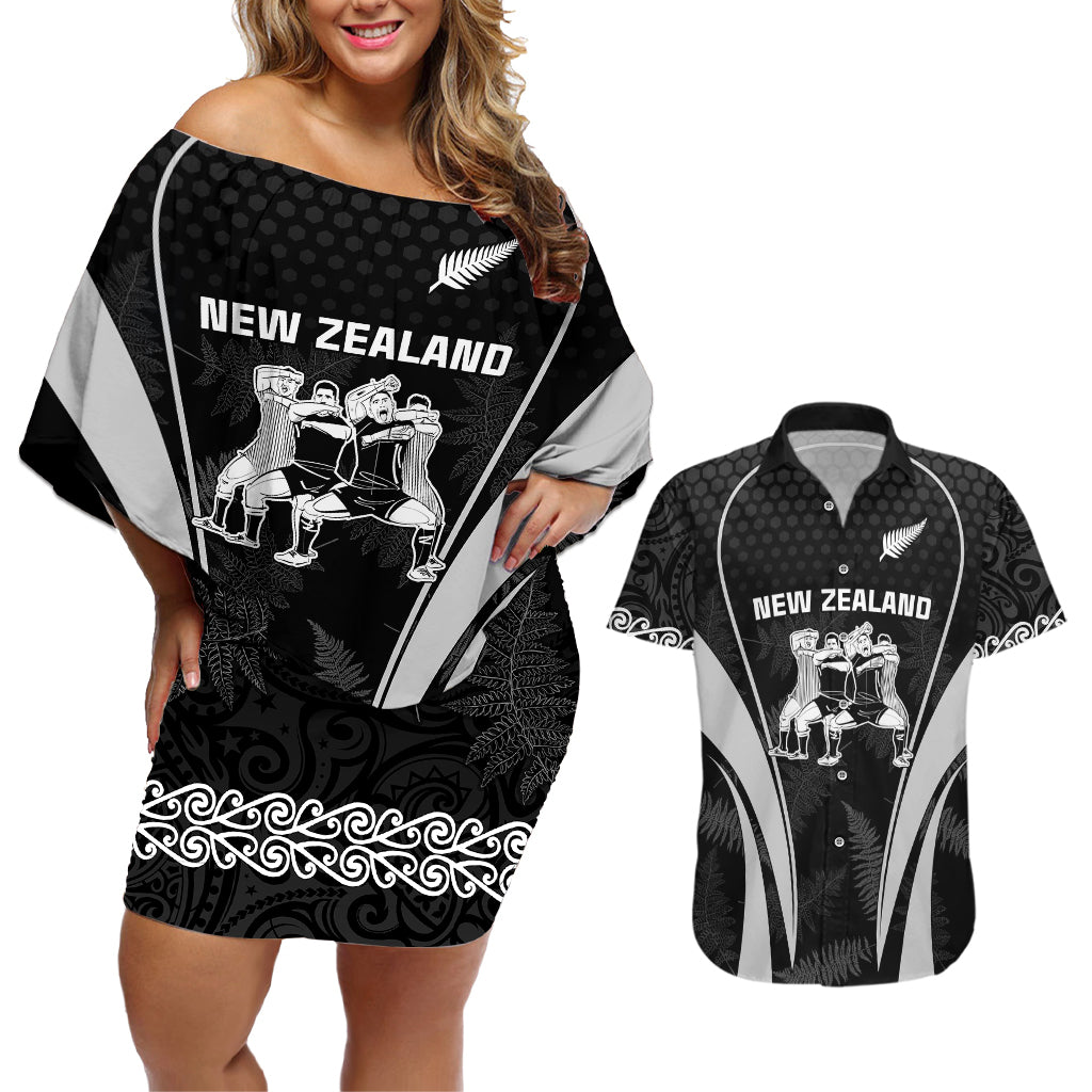 Custom New Zealand Aotearoa Rugby Couples Matching Off Shoulder Short Dress and Hawaiian Shirt Haka Dance Mixed Silver Fern Sporty Style LT9 Black - Polynesian Pride