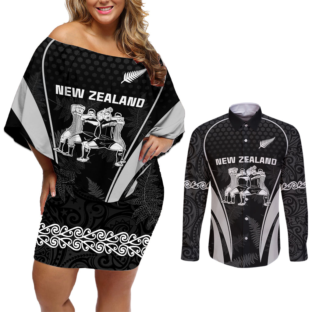 Custom New Zealand Aotearoa Rugby Couples Matching Off Shoulder Short Dress and Long Sleeve Button Shirts Haka Dance Mixed Silver Fern Sporty Style LT9 Black - Polynesian Pride