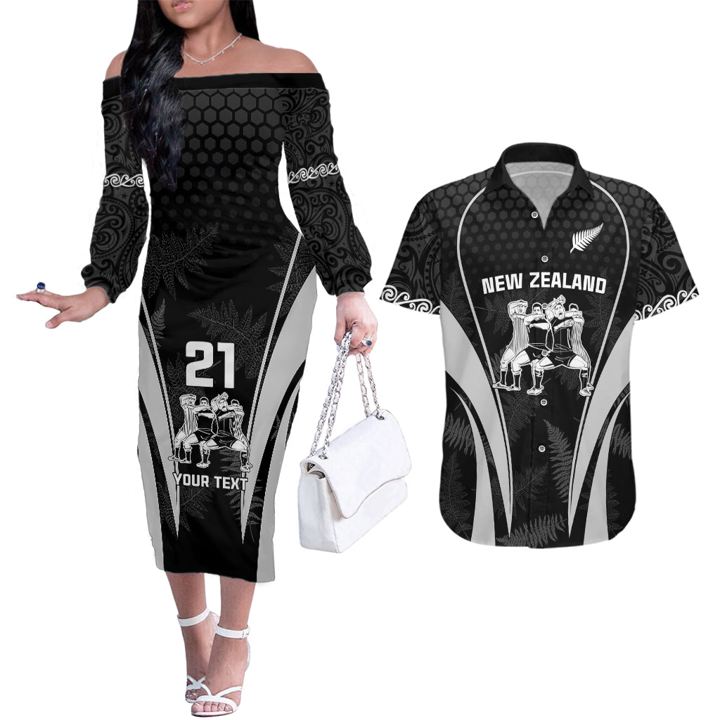 Custom New Zealand Aotearoa Rugby Couples Matching Off The Shoulder Long Sleeve Dress and Hawaiian Shirt Haka Dance Mixed Silver Fern Sporty Style LT9 Black - Polynesian Pride