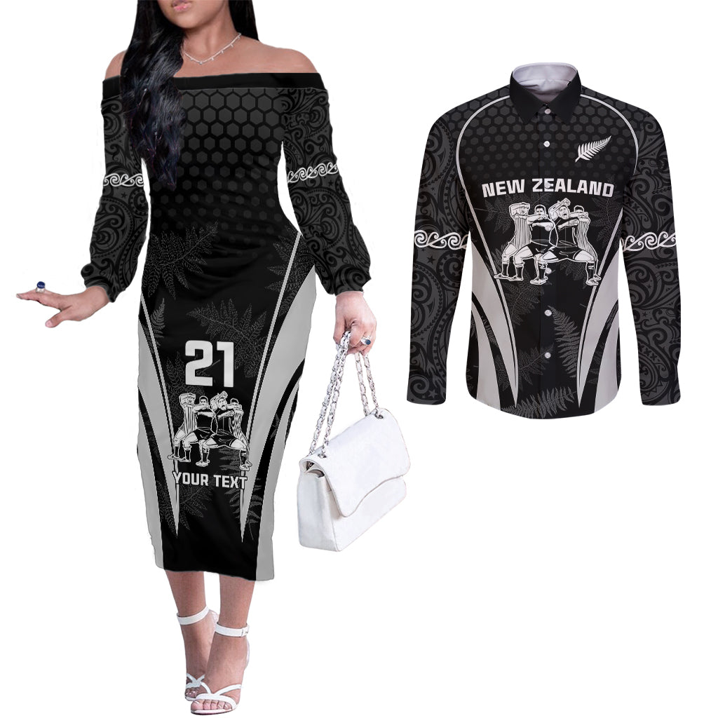 Custom New Zealand Aotearoa Rugby Couples Matching Off The Shoulder Long Sleeve Dress and Long Sleeve Button Shirts Haka Dance Mixed Silver Fern Sporty Style LT9 Black - Polynesian Pride