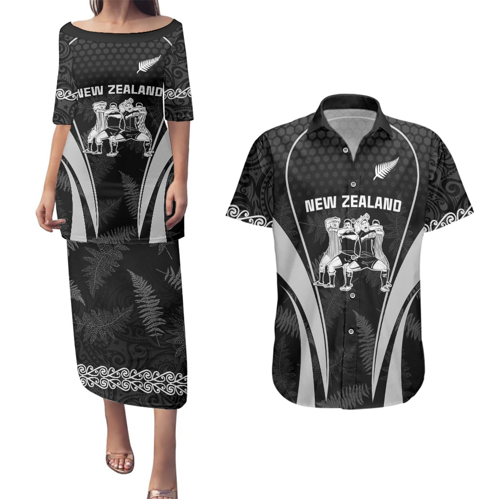 Custom New Zealand Aotearoa Rugby Couples Matching Puletasi Dress and Hawaiian Shirt Haka Dance Mixed Silver Fern Sporty Style LT9 Black - Polynesian Pride