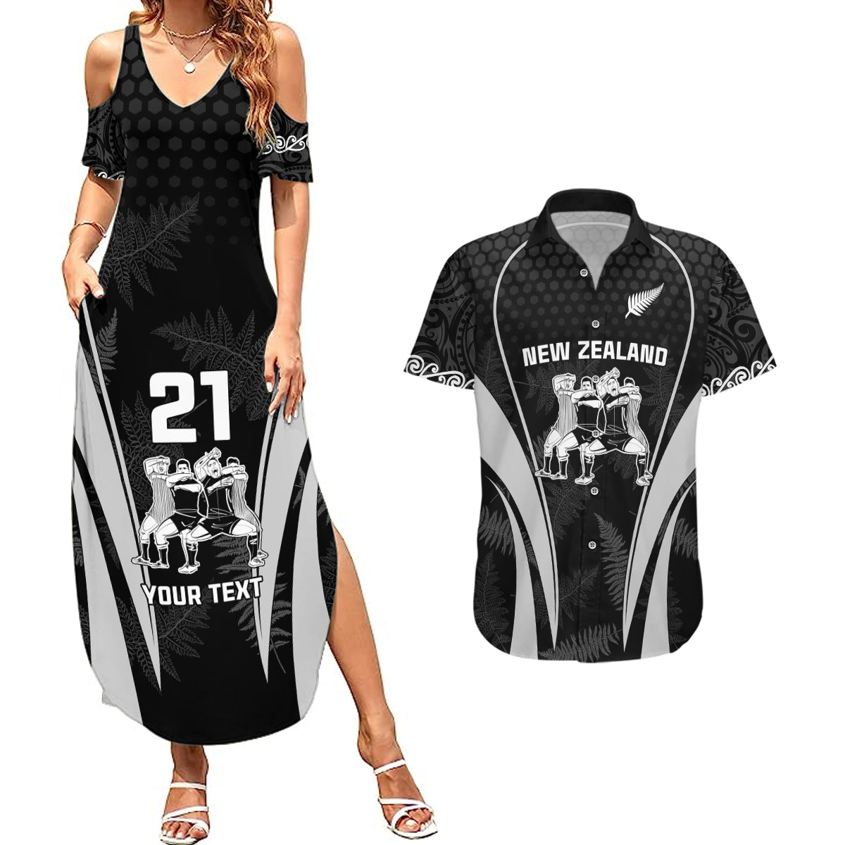 Custom New Zealand Aotearoa Rugby Couples Matching Summer Maxi Dress and Hawaiian Shirt Haka Dance Mixed Silver Fern Sporty Style LT9 Black - Polynesian Pride