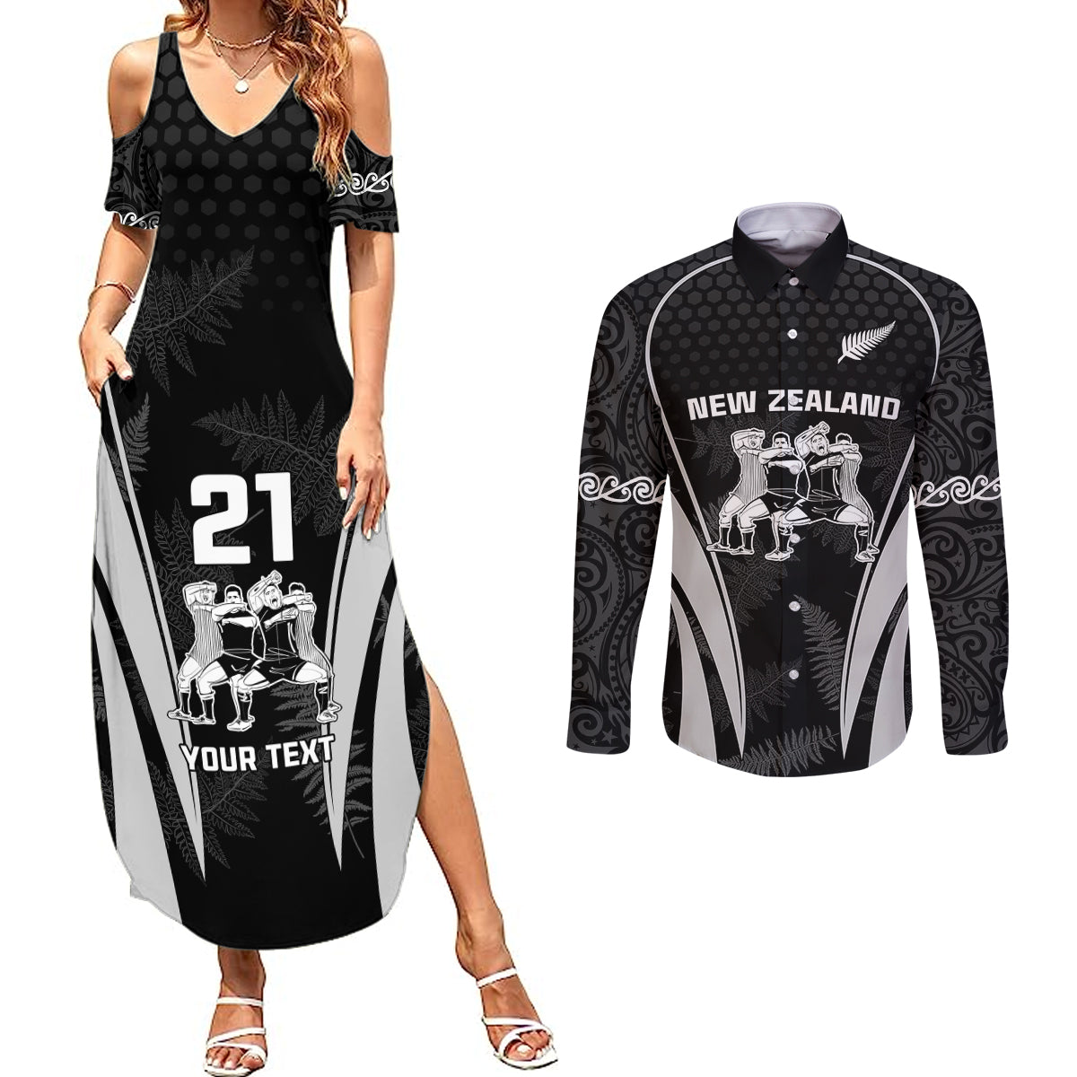 Custom New Zealand Aotearoa Rugby Couples Matching Summer Maxi Dress and Long Sleeve Button Shirts Haka Dance Mixed Silver Fern Sporty Style LT9 Black - Polynesian Pride