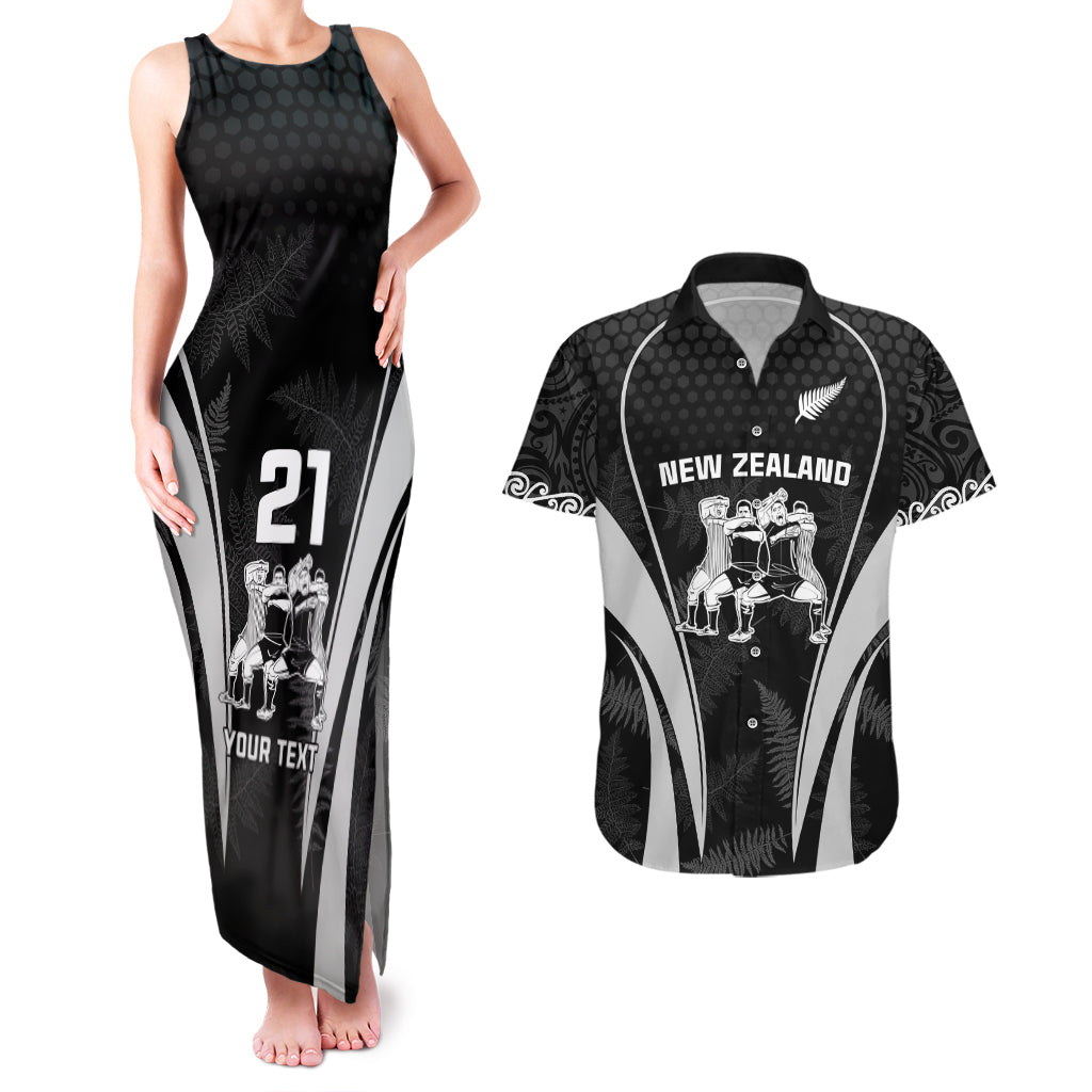 Custom New Zealand Aotearoa Rugby Couples Matching Tank Maxi Dress and Hawaiian Shirt Haka Dance Mixed Silver Fern Sporty Style LT9 Black - Polynesian Pride