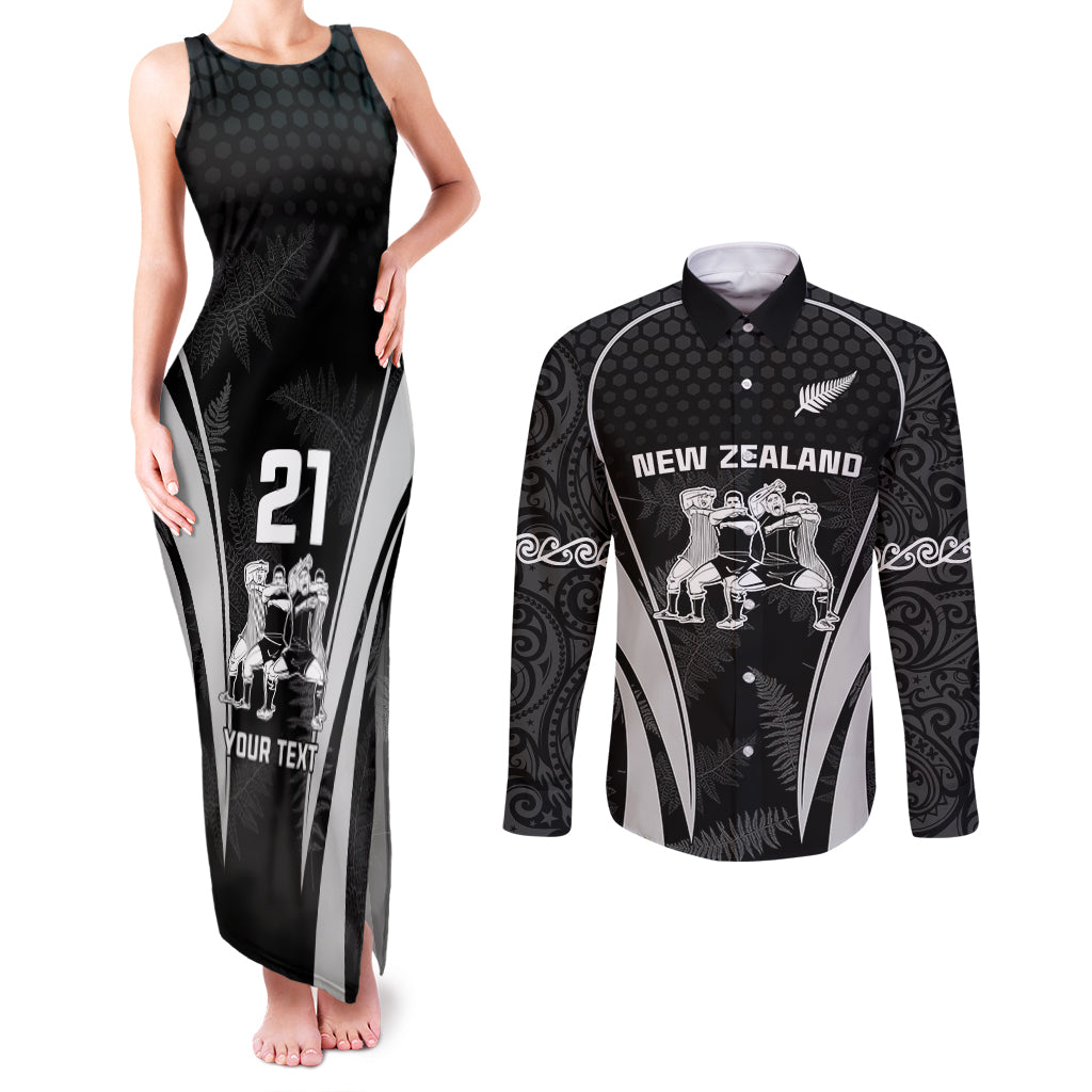 Custom New Zealand Aotearoa Rugby Couples Matching Tank Maxi Dress and Long Sleeve Button Shirts Haka Dance Mixed Silver Fern Sporty Style LT9 Black - Polynesian Pride