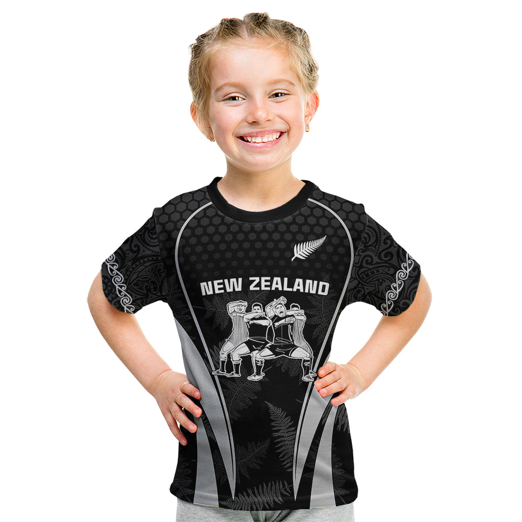 Custom New Zealand Aotearoa Rugby Kid T Shirt Haka Dance Mixed Silver Fern Sporty Style LT9 Black - Polynesian Pride